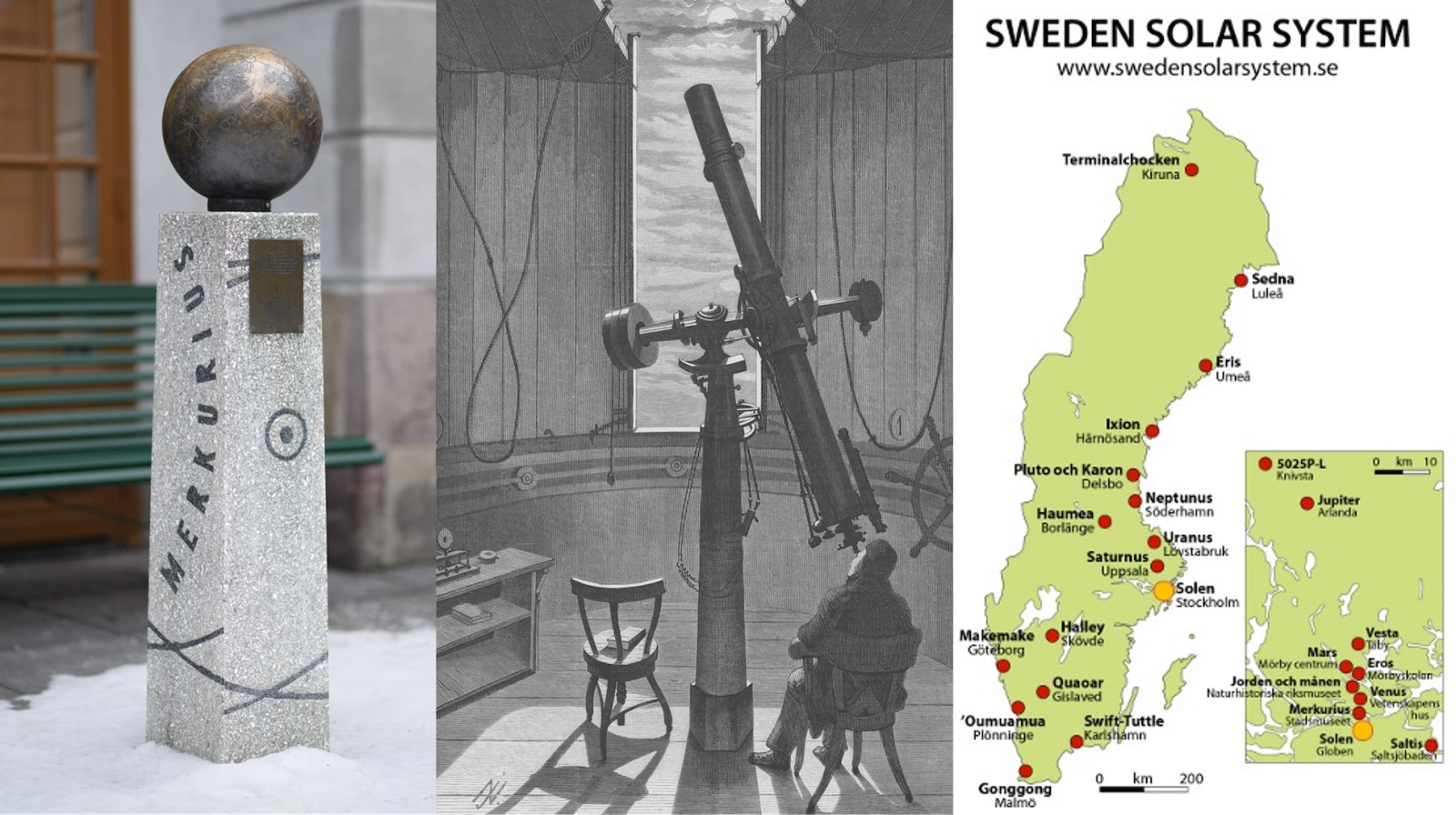 Merkurius vid Stadsmuseet, astronomiska observationer och karta över Sweden Solar System.