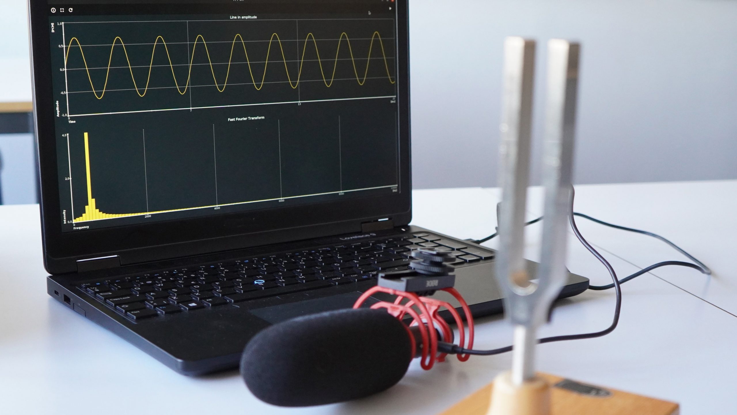 Dator, stämgaffel och mikrofon